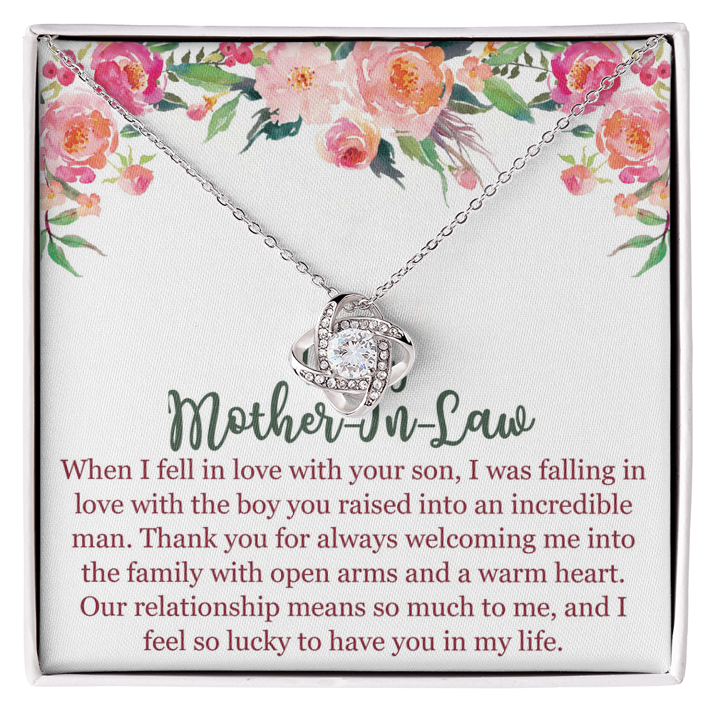 To My Mom In Law Necklace Pendant Gift From Son, Happy Mother's Day Love Knot Pendant For Mom On Birthday, Anniversary Necklace Gift Love With Your Son, Mother In Law Gift Necklace To Son In Law