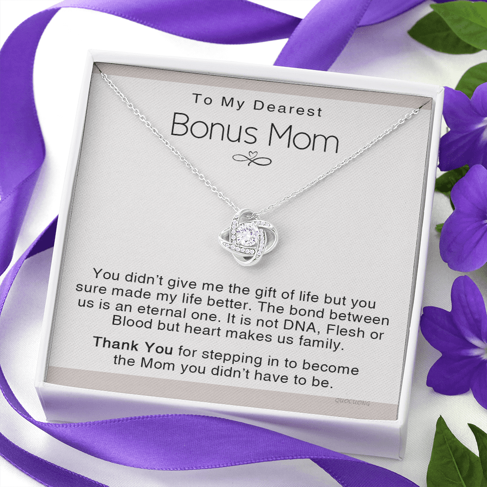 To My Dearest Bonus Mom Necklace From Bonus Daughter, Makes us Family Gift Necklace For Bonus Mom On Mother's Day, Birthday Gift Anniversary, Love Knot Pendant Gift For Bonus Mom, Dearest Mom