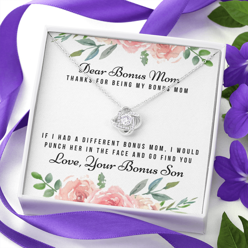 Thank For Being My Bonus Mom Necklace, To My Bonus Mom Necklace From Bonus Son, Gift Necklace For Bonus Son On Mother's Day, Anniversary, Birthday Gift, Bonus Mom And Bonus Son Love Knot Pendant