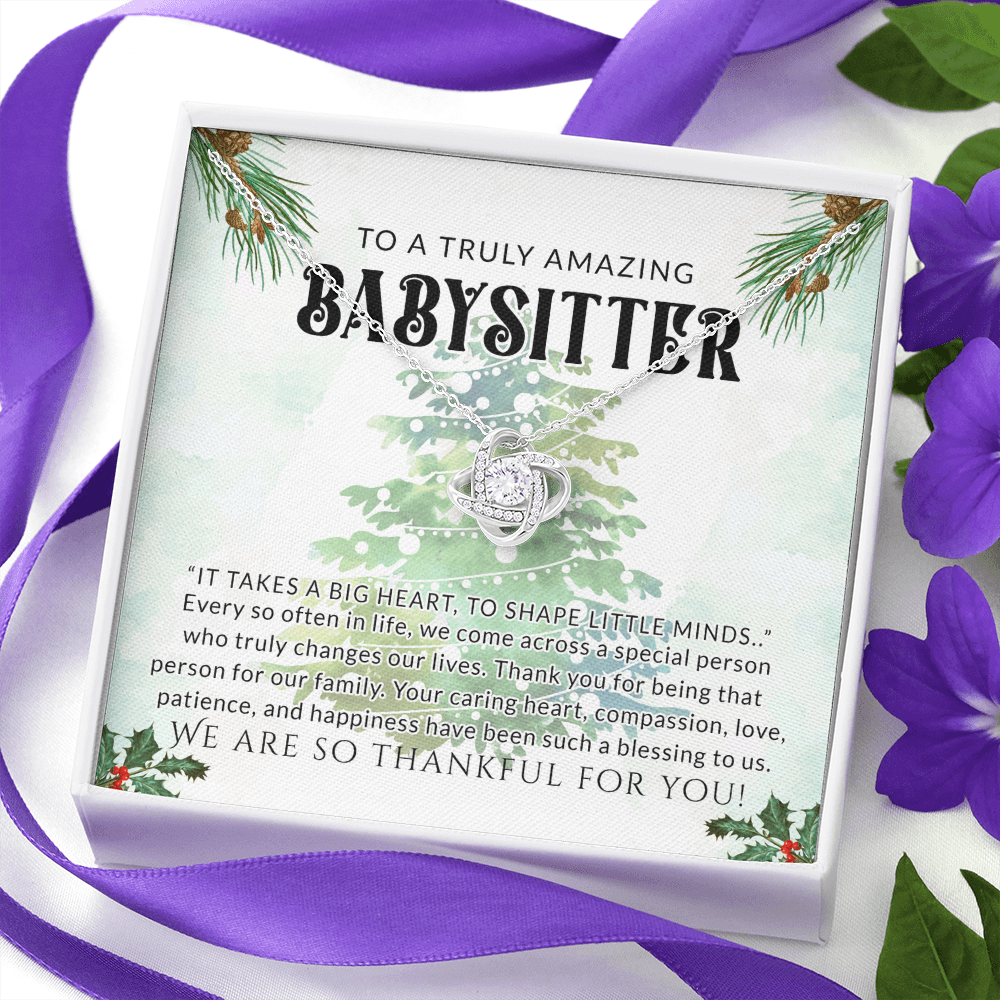 Babysitter Gift Necklace, To A Truly Amazing Babysitter Love Knot Necklace From Family, Thankful For You Gift Necklace, Christmas Babysitter Gift, Appreciation Gift for Babysitter Love Knot Pendant