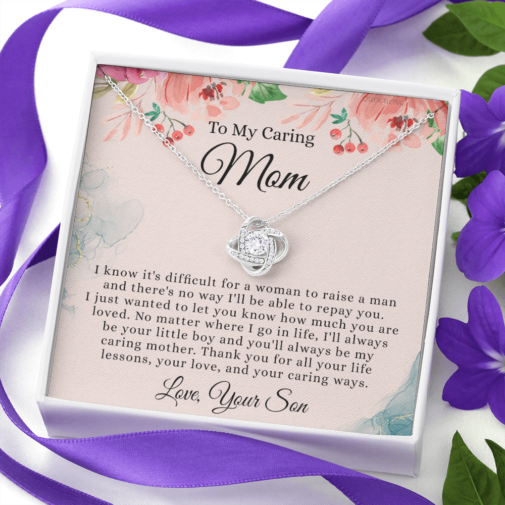To My Caring Mom Necklace From Son, Love Knot Necklace Gift For Mom On Birthday Gift Anniversary Mother's Day Necklace For Mom, Caring Mom, New Mom Gift Necklace Gift For Her, Jewelry Gift For Women