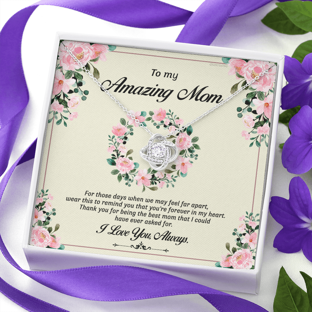 To My Amazing Mom Necklace From Daughter, Mother And Daughter Love Knot Necklace Gift On Birthday Gift Anniversary Mother's Day Necklace Jewelry Gift For Women, Thank You Mom Knot Pendant For Her