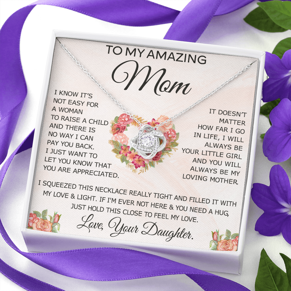 To My Amazing Mom Necklace From Daughter, Love Knot Necklace Gift For Mom, Mother Daughter Gift Necklace On Birthday Christmas Mothers Day, Jewelry Gift For Women With Message Card And Box For Her