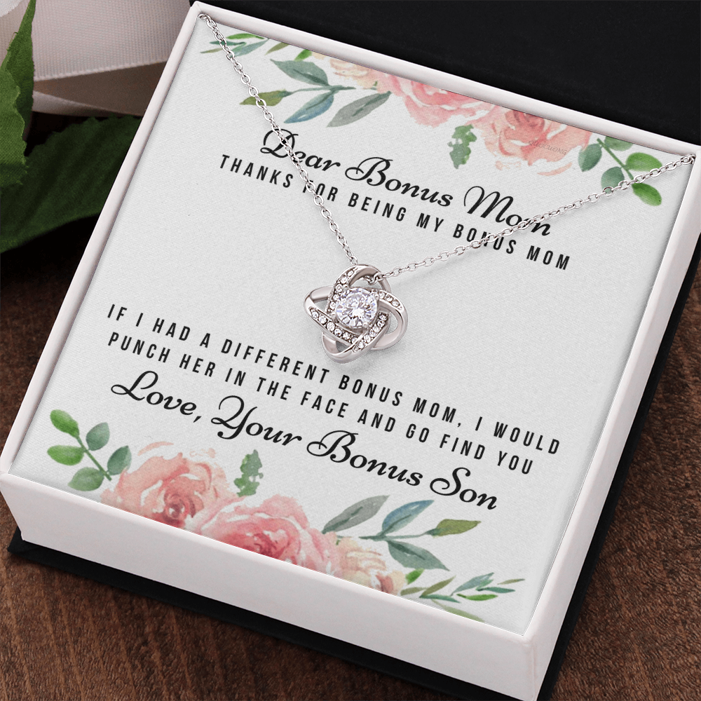 Thank For Being My Bonus Mom Necklace, To My Bonus Mom Necklace From Bonus Son, Gift Necklace For Bonus Son On Mother's Day, Anniversary, Birthday Gift, Bonus Mom And Bonus Son Love Knot Pendant