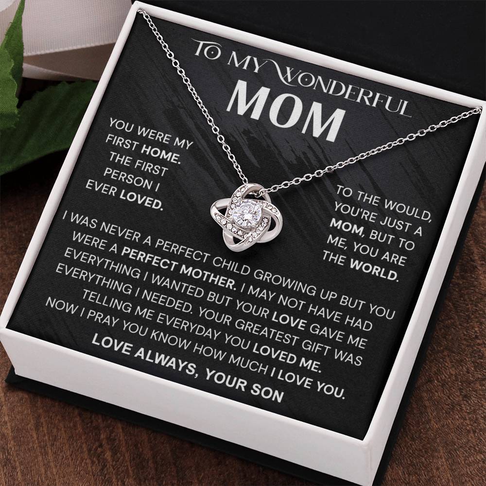 Wonderful Mom Gift Necklace, To My Wonderful Mom Love Knot Necklace From Son Never A Perfect Child Necklace Gift For Mom Son And Mother Love Knot Pendant Birthday Gift For Mom Jewelry Gift For Women