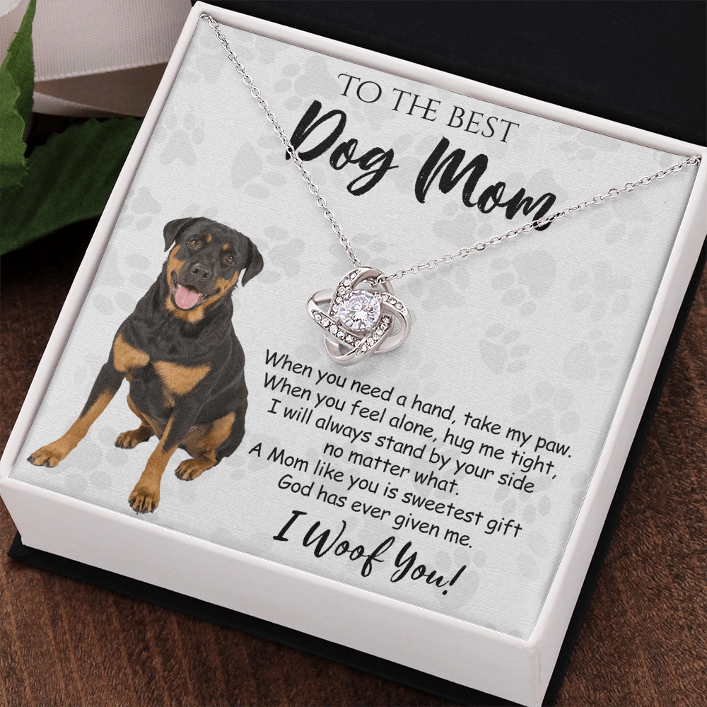 To The Best Dog Mom Love Knot Necklace From Daughter Mother's Day Necklace Gift, Rottweiler Dog Love Knot Pendant, Jewelry Gift For Women, Dog Lovers Rottweiler Dog Gift Necklace I Woof You Pendant