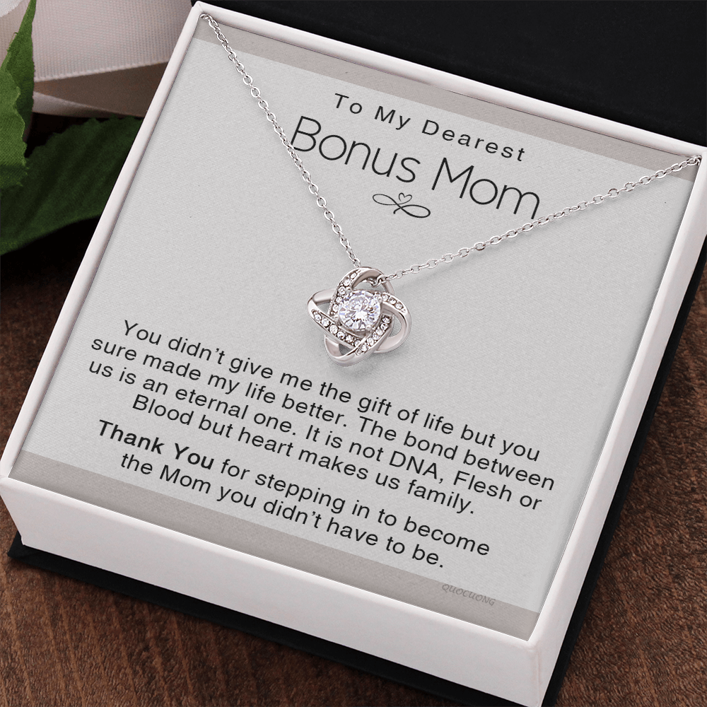 To My Dearest Bonus Mom Necklace From Bonus Daughter, Makes us Family Gift Necklace For Bonus Mom On Mother's Day, Birthday Gift Anniversary, Love Knot Pendant Gift For Bonus Mom, Dearest Mom