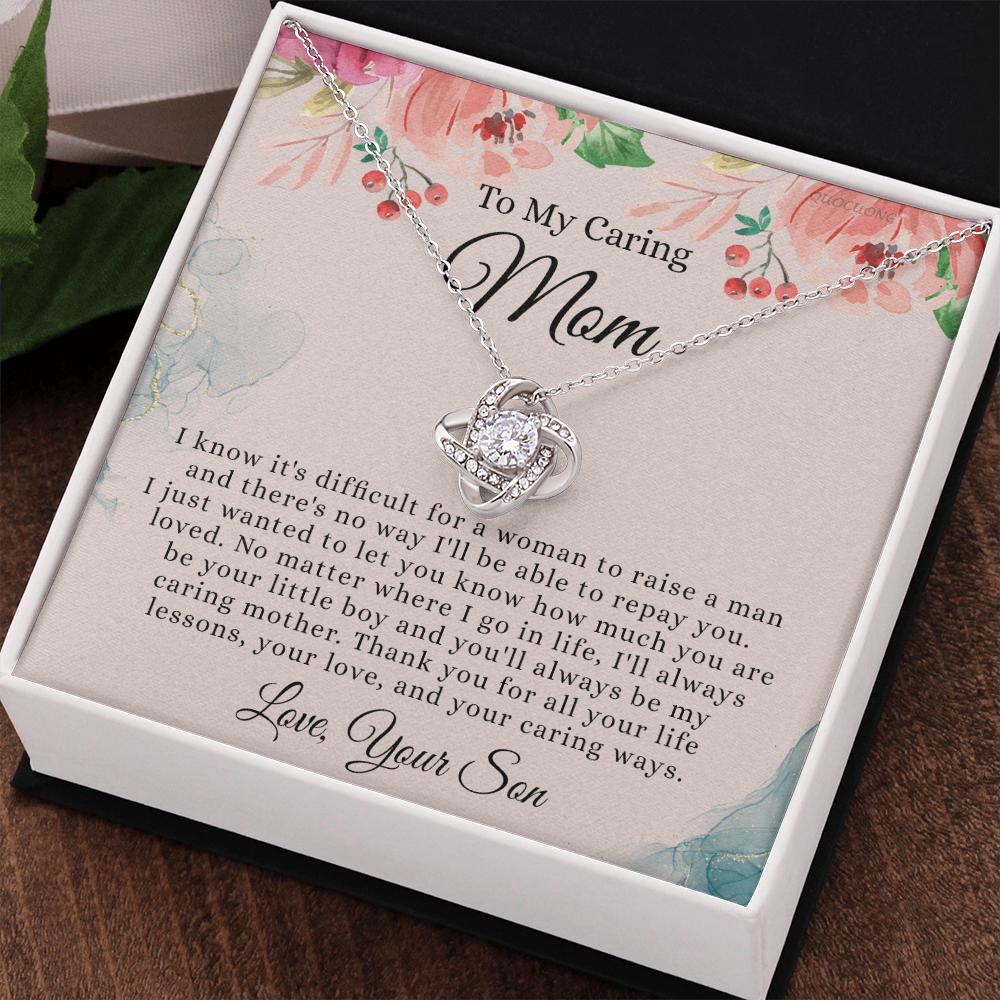 To My Caring Mom Necklace From Son, Love Knot Necklace Gift For Mom On Birthday Gift Anniversary Mother's Day Necklace For Mom, Caring Mom, New Mom Gift Necklace Gift For Her, Jewelry Gift For Women