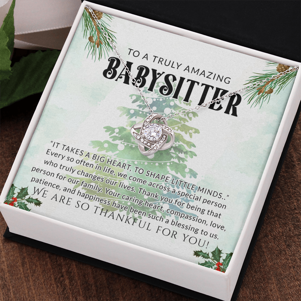 Babysitter Gift Necklace, To A Truly Amazing Babysitter Love Knot Necklace From Family, Thankful For You Gift Necklace, Christmas Babysitter Gift, Appreciation Gift for Babysitter Love Knot Pendant