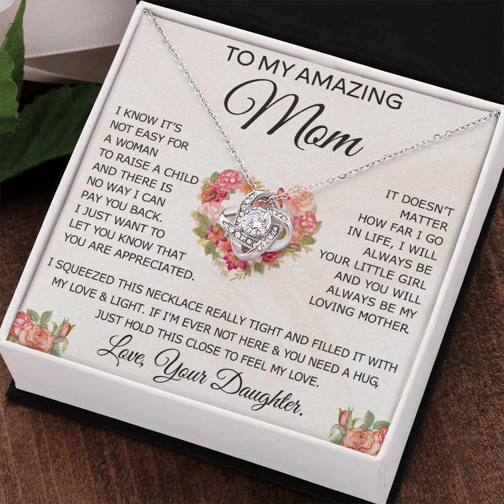 To My Amazing Mom Necklace From Daughter, Love Knot Necklace Gift For Mom, Mother Daughter Gift Necklace On Birthday Christmas Mothers Day, Jewelry Gift For Women With Message Card And Box For Her