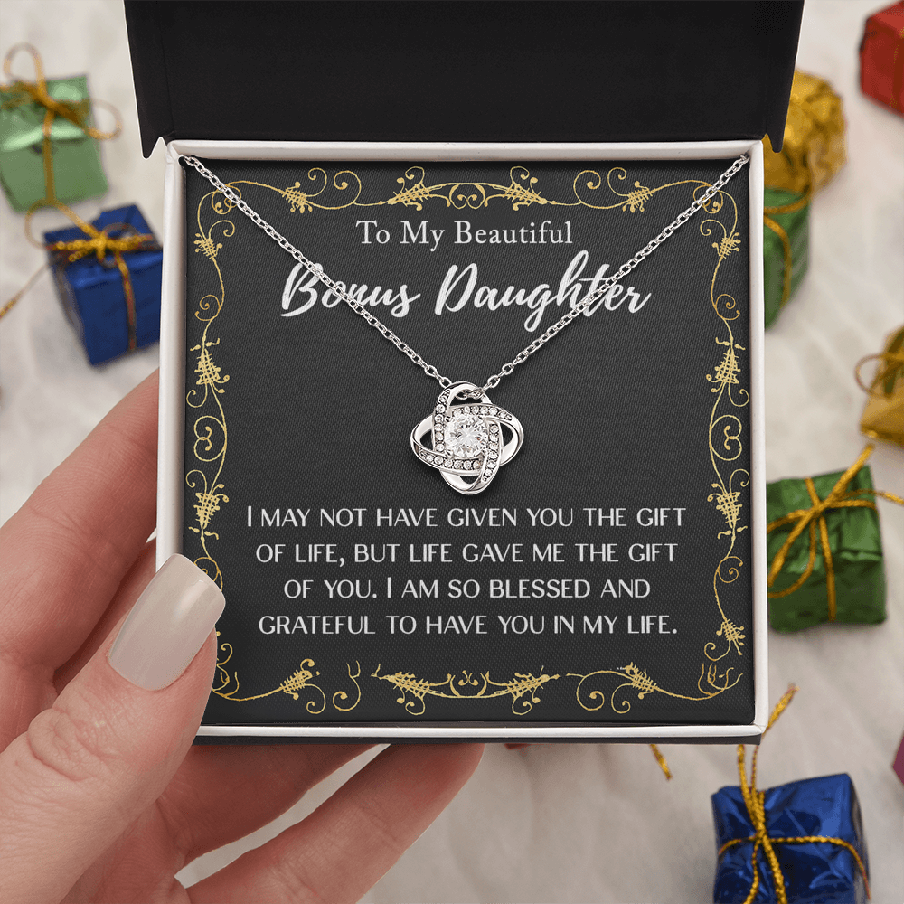Personalized Gift Necklace For Daughter - To My Beautiful Bonus Daughter Love Knot Necklace From Mom And Dad, Step daughter Gift Necklace, Pendant Jewelry Gift For Girls, Little Girls