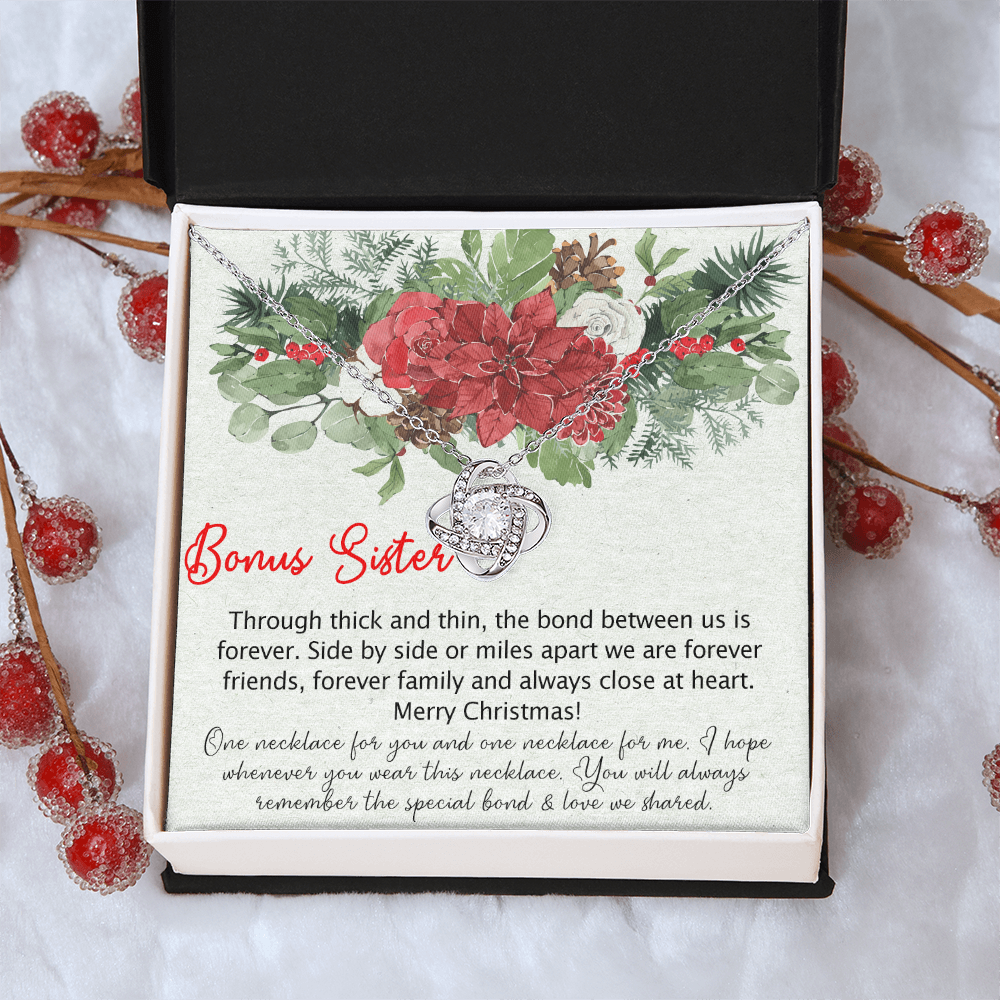 To my Bonus Sister Love Knot Necklace Pendant for Sister in law, Gift Necklace for Sister-in-Law Christmas Sister of the Groom Xmas Necklace for Future Sister in Law Gift Jewelry Gift for Girls Her