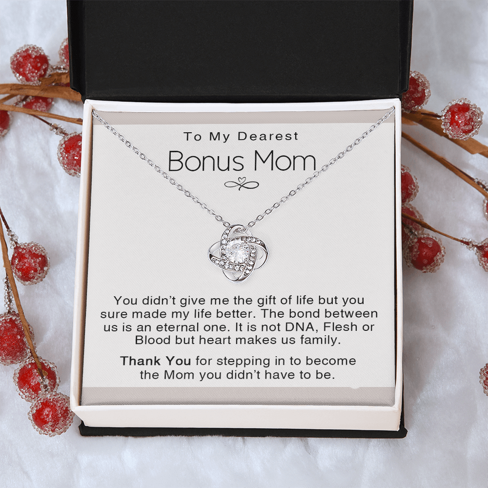 To My Dearest Bonus Mom Necklace From Bonus Daughter, Makes us Family Gift Necklace For Bonus Mom On Mother's Day, Birthday Gift Anniversary, Love Knot Pendant Gift For Bonus Mom, Dearest Mom