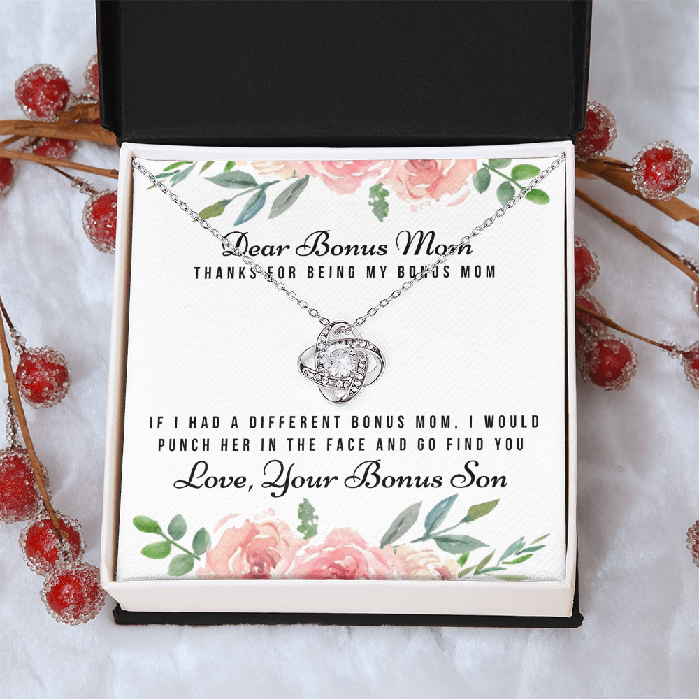 Thank For Being My Bonus Mom Necklace, To My Bonus Mom Necklace From Bonus Son, Gift Necklace For Bonus Son On Mother's Day, Anniversary, Birthday Gift, Bonus Mom And Bonus Son Love Knot Pendant