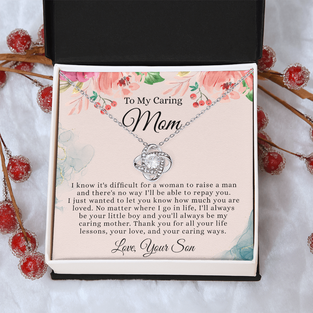 To My Caring Mom Necklace From Son, Love Knot Necklace Gift For Mom On Birthday Gift Anniversary Mother's Day Necklace For Mom, Caring Mom, New Mom Gift Necklace Gift For Her, Jewelry Gift For Women