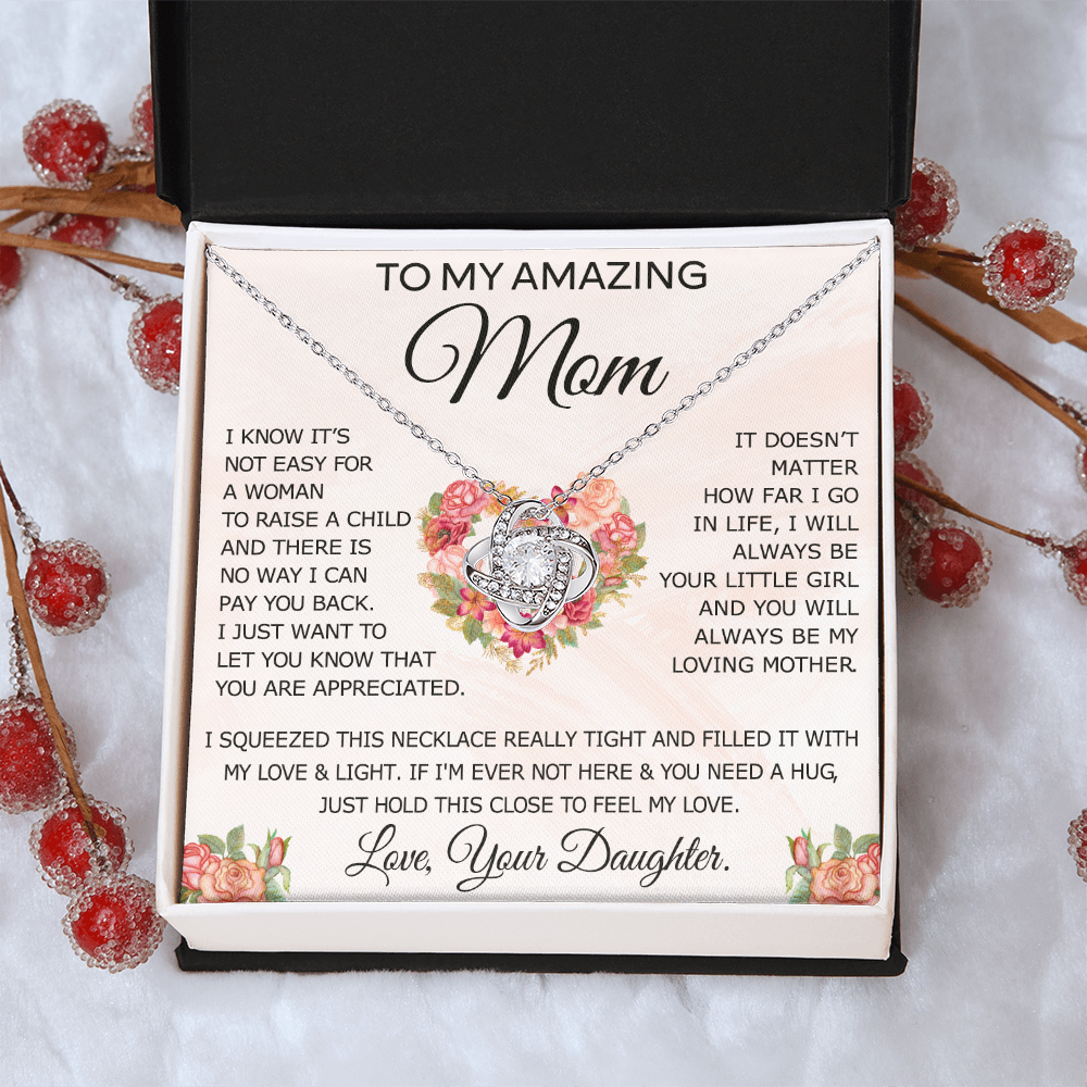 To My Amazing Mom Necklace From Daughter, Love Knot Necklace Gift For Mom, Mother Daughter Gift Necklace On Birthday Christmas Mothers Day, Jewelry Gift For Women With Message Card And Box For Her
