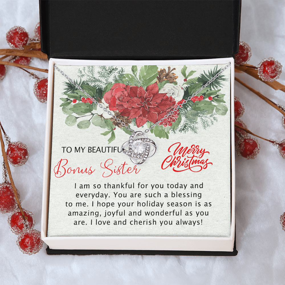 To My Beautiful Bonus Sister Love Knot Necklace From Brother, Best Friend Necklace Gift for Sisters Christmas Necklace for Stepsister Half-sister Pendant Bonus Sister Jewelry Gift for Her Girls