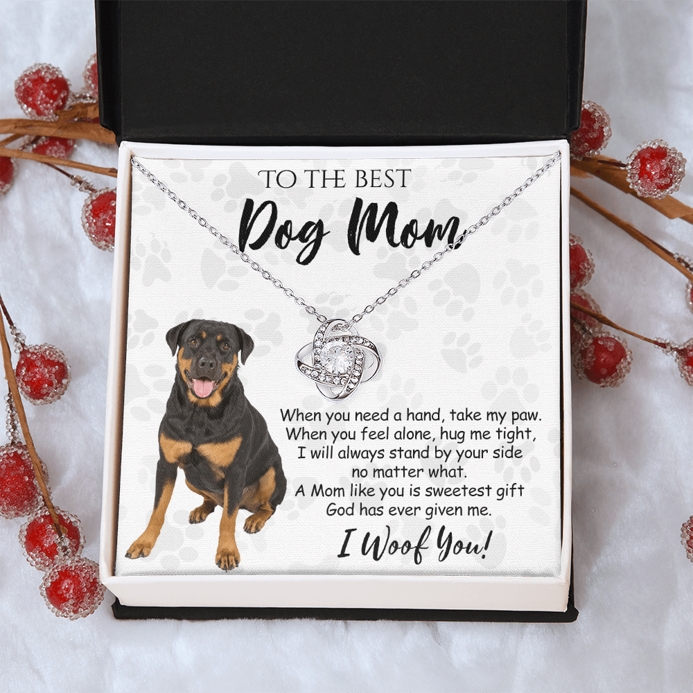 To The Best Dog Mom Love Knot Necklace From Daughter Mother's Day Necklace Gift, Rottweiler Dog Love Knot Pendant, Jewelry Gift For Women, Dog Lovers Rottweiler Dog Gift Necklace I Woof You Pendant