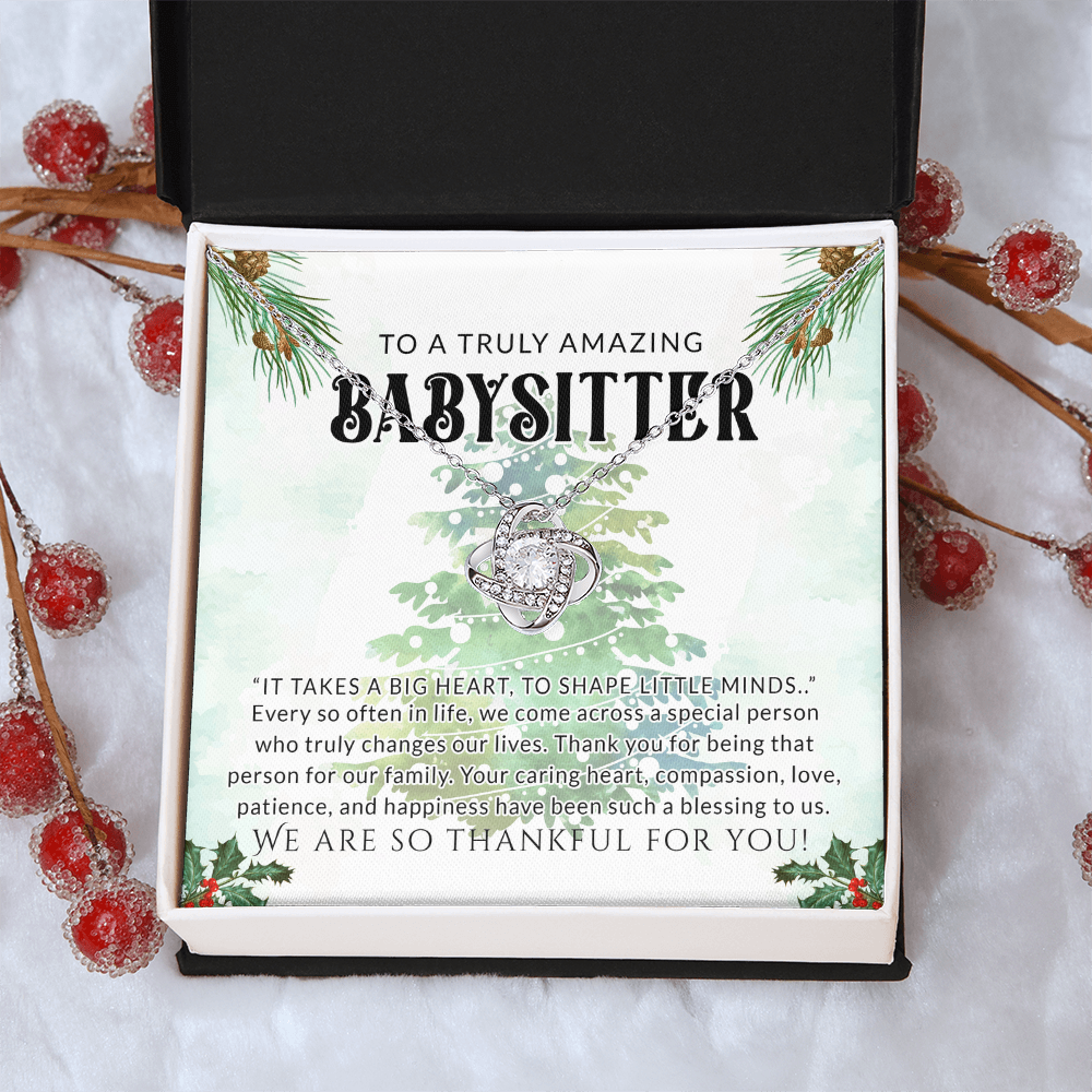 Babysitter Gift Necklace, To A Truly Amazing Babysitter Love Knot Necklace From Family, Thankful For You Gift Necklace, Christmas Babysitter Gift, Appreciation Gift for Babysitter Love Knot Pendant