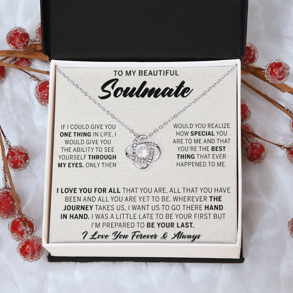 To My Beautiful Soulmate Necklace Gift From Husband, Boyfriend Jewelry Gift for Girls, Soulmate Gift Necklace for Women Love Lnot Pendant Gift for Her Romantic Girlfriend Gift Necklace Message