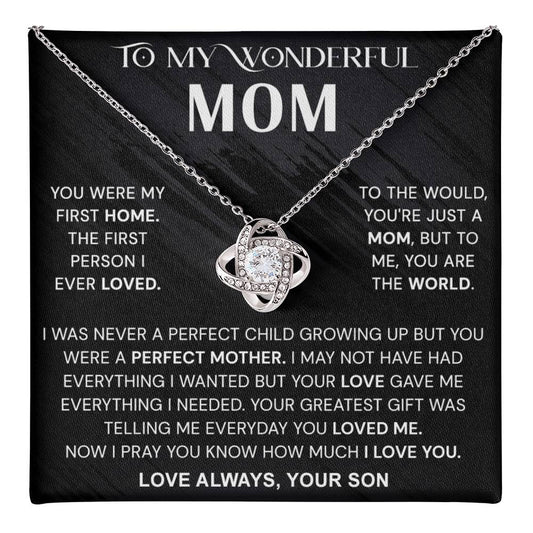 Wonderful Mom Gift Necklace, To My Wonderful Mom Love Knot Necklace From Son Never A Perfect Child Necklace Gift For Mom Son And Mother Love Knot Pendant Birthday Gift For Mom Jewelry Gift For Women Love Knot Necklace 6323