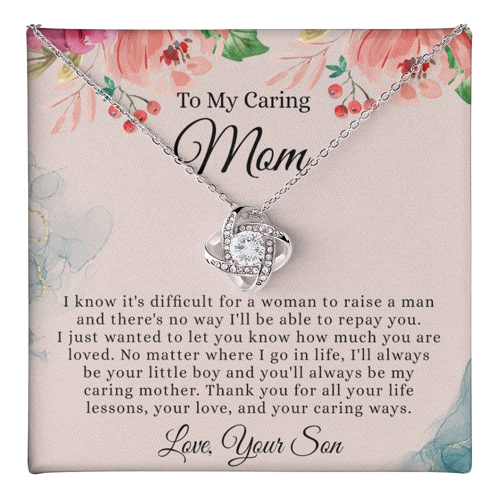 To My Caring Mom Necklace, Mom Love Knot Necklace From Son And Mother Necklace Birthday Gift Necklace For Mom Caring Mom Gift Necklace Anniversary Necklace Gift For Mom, Jewelry Gift For Women