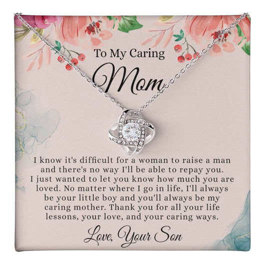To My Caring Mom Necklace, Mom Love Knot Necklace From Son And Mother Necklace Birthday Gift Necklace For Mom Caring Mom Gift Necklace Anniversary Necklace Gift For Mom, Jewelry Gift For Women
