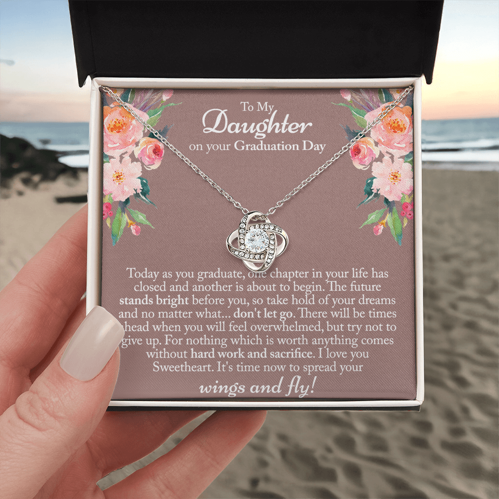 Graduation Day Gift Necklace, To My Daughter Love Knot Necklace From Mom Or Dad, Mother And Daughter Jewelry Gift For Girls, Little Girl Love Knot Pendant, Daughter On Your Graduation Day Necklace