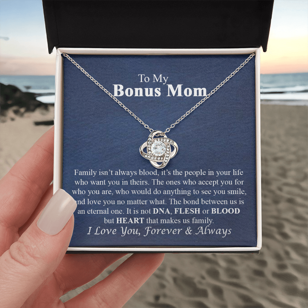 To My Bonus Mom Necklace From Bonus Daughter, Bonus Mom Gift Necklace, Bonus Mother Jewelry For Women, Necklace Gift For Mom On Mothers Day, Anniversary, Birthday Gift Love Knot Pendant For Her