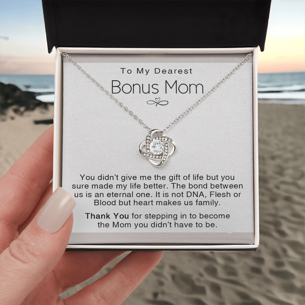 To My Dearest Bonus Mom Necklace From Bonus Daughter, Makes us Family Gift Necklace For Bonus Mom On Mother's Day, Birthday Gift Anniversary, Love Knot Pendant Gift For Bonus Mom, Dearest Mom