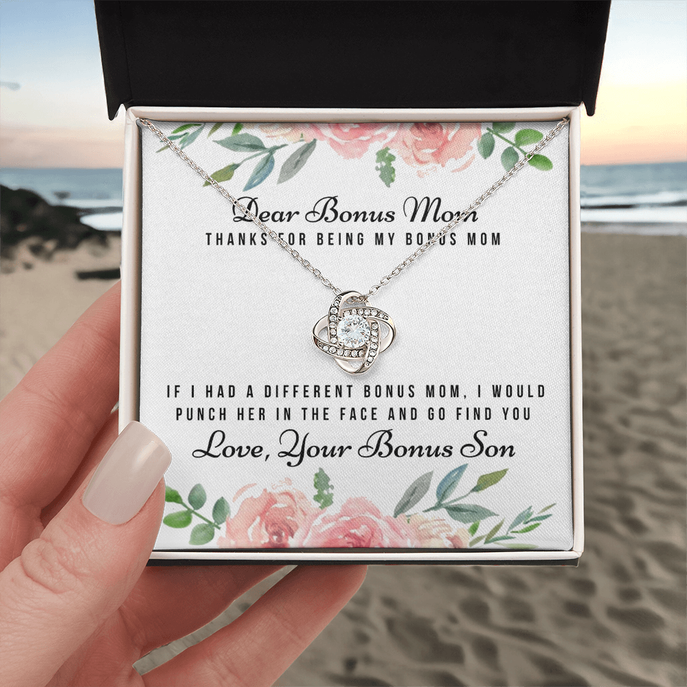 Thank For Being My Bonus Mom Necklace, To My Bonus Mom Necklace From Bonus Son, Gift Necklace For Bonus Son On Mother's Day, Anniversary, Birthday Gift, Bonus Mom And Bonus Son Love Knot Pendant