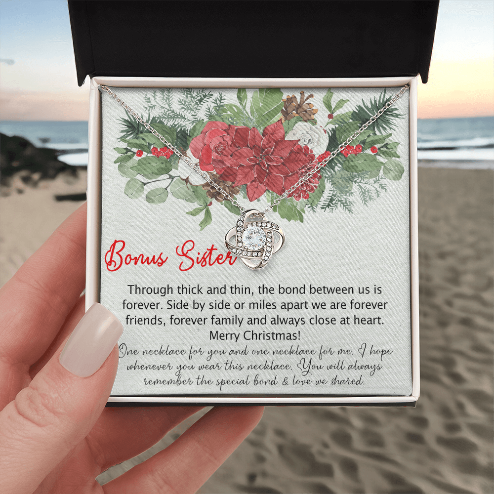 To my Bonus Sister Love Knot Necklace Pendant for Sister in law, Gift Necklace for Sister-in-Law Christmas Sister of the Groom Xmas Necklace for Future Sister in Law Gift Jewelry Gift for Girls Her