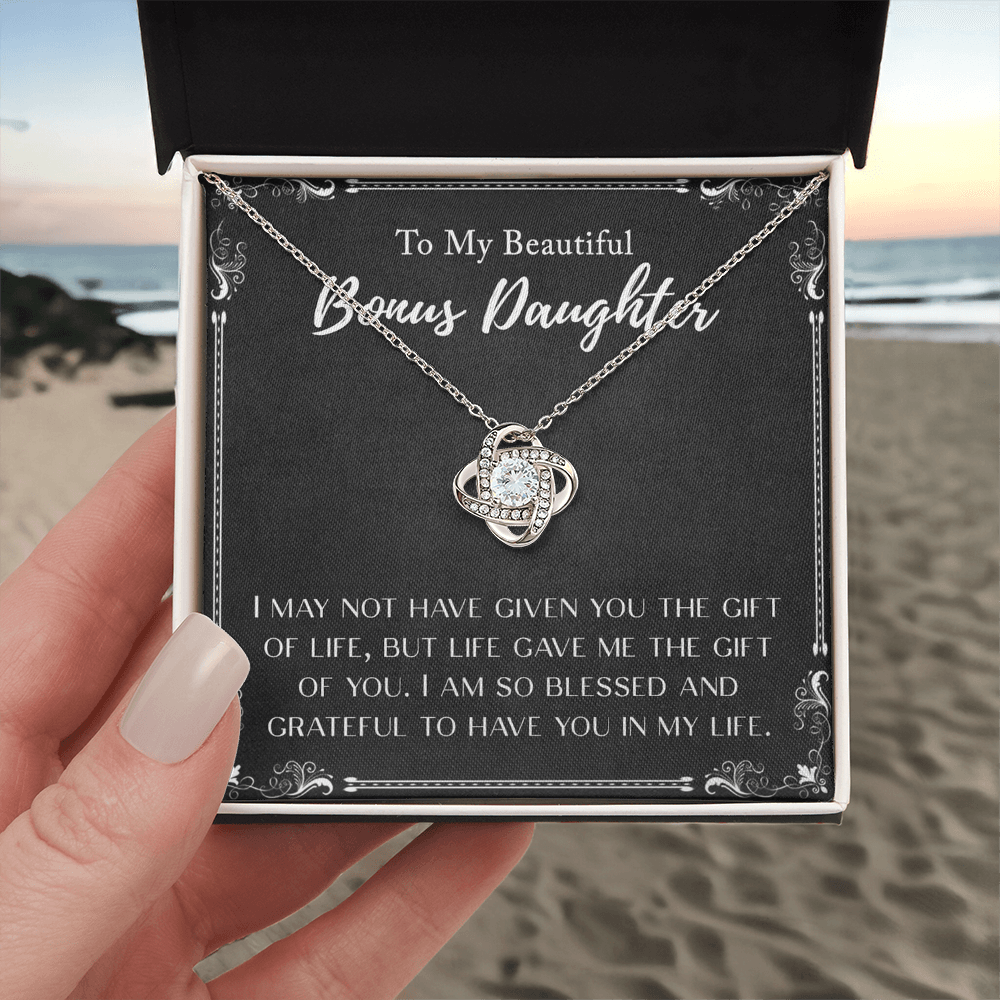 Personalized Gift Necklace To My Bonus Daughter Love Knot Necklace From Mom And Dad, Step Daughter Gift Pendant, Adopted Daughter, Daughter In Law, Daughter Jewelry Gift For Girls, Little Girls