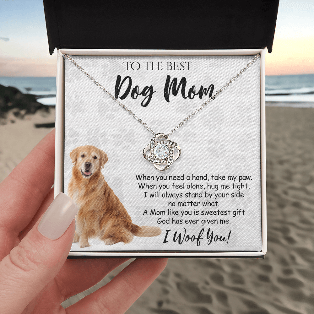 To The Best Golden Retriever Dog Mom Love Knot Necklace Mother's Day, I Woof You Quote Gift Card, Message Card Jewelry For Women, Mom Dog Lovers Golden Retriever Gift Necklace I Woof You Necklace