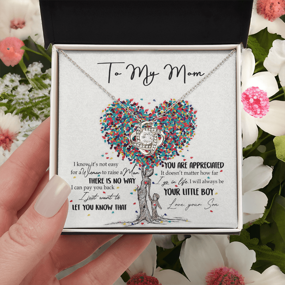 To My Mom Love Knot Necklace From Son, I Know It's Not Eeasy For A Women Necklace, Not Easy Gift Necklace For Mom, Mother And Son Gift Love Knot Pendant, Jewelry Gift For Women, Bonus Mom From Son