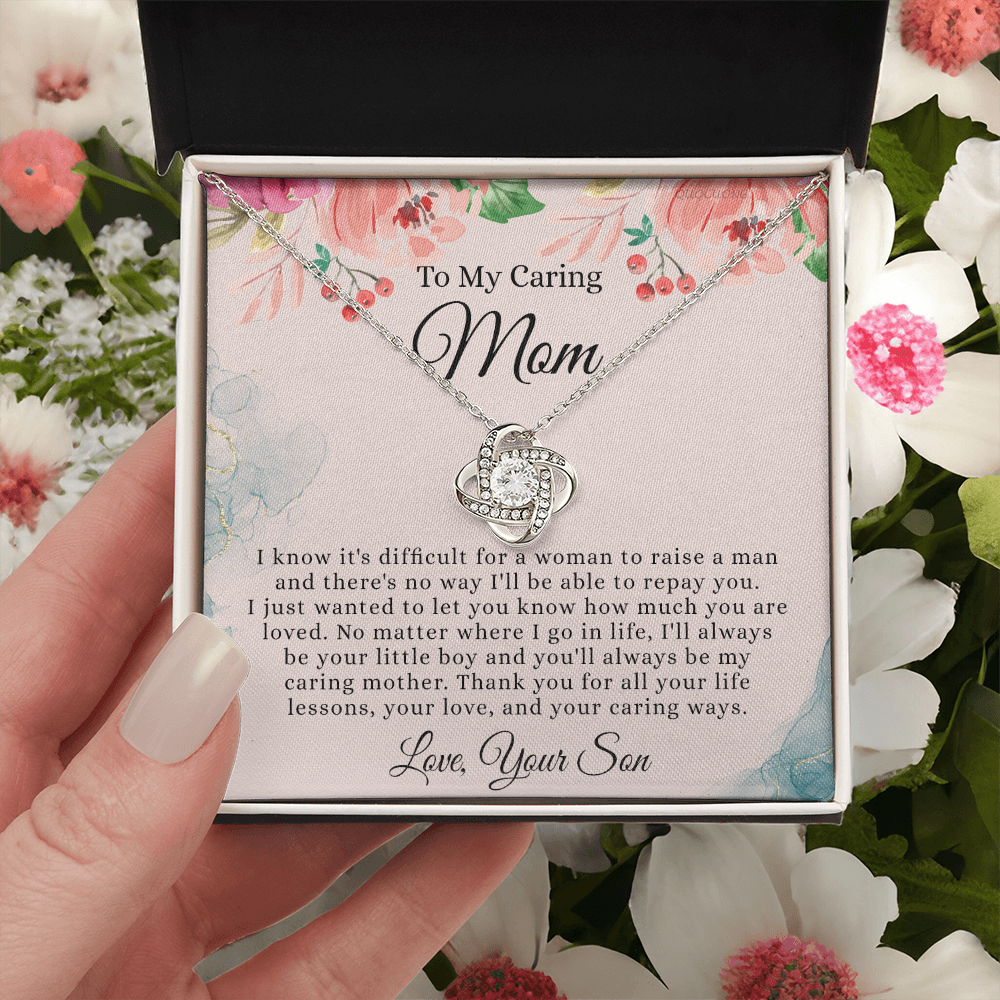 To My Caring Mom Necklace From Son, Love Knot Necklace Gift For Mom On Birthday Gift Anniversary Mother's Day Necklace For Mom, Caring Mom, New Mom Gift Necklace Gift For Her, Jewelry Gift For Women