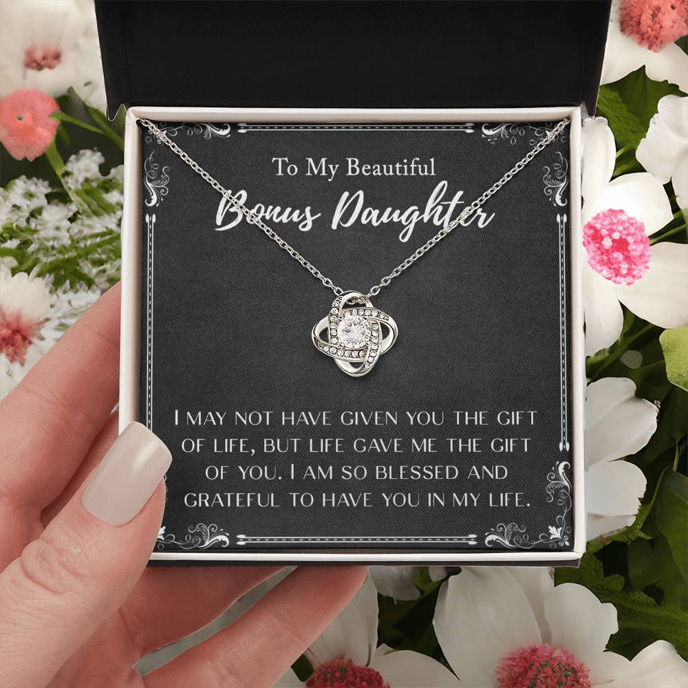 Personalized Gift Necklace To My Bonus Daughter Love Knot Necklace From Mom And Dad, Step Daughter Gift Pendant, Adopted Daughter, Daughter In Law, Daughter Jewelry Gift For Girls, Little Girls