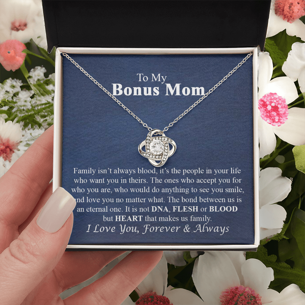 To My Bonus Mom Necklace From Bonus Daughter, Bonus Mom Gift Necklace, Bonus Mother Jewelry For Women, Necklace Gift For Mom On Mothers Day, Anniversary, Birthday Gift Love Knot Pendant For Her