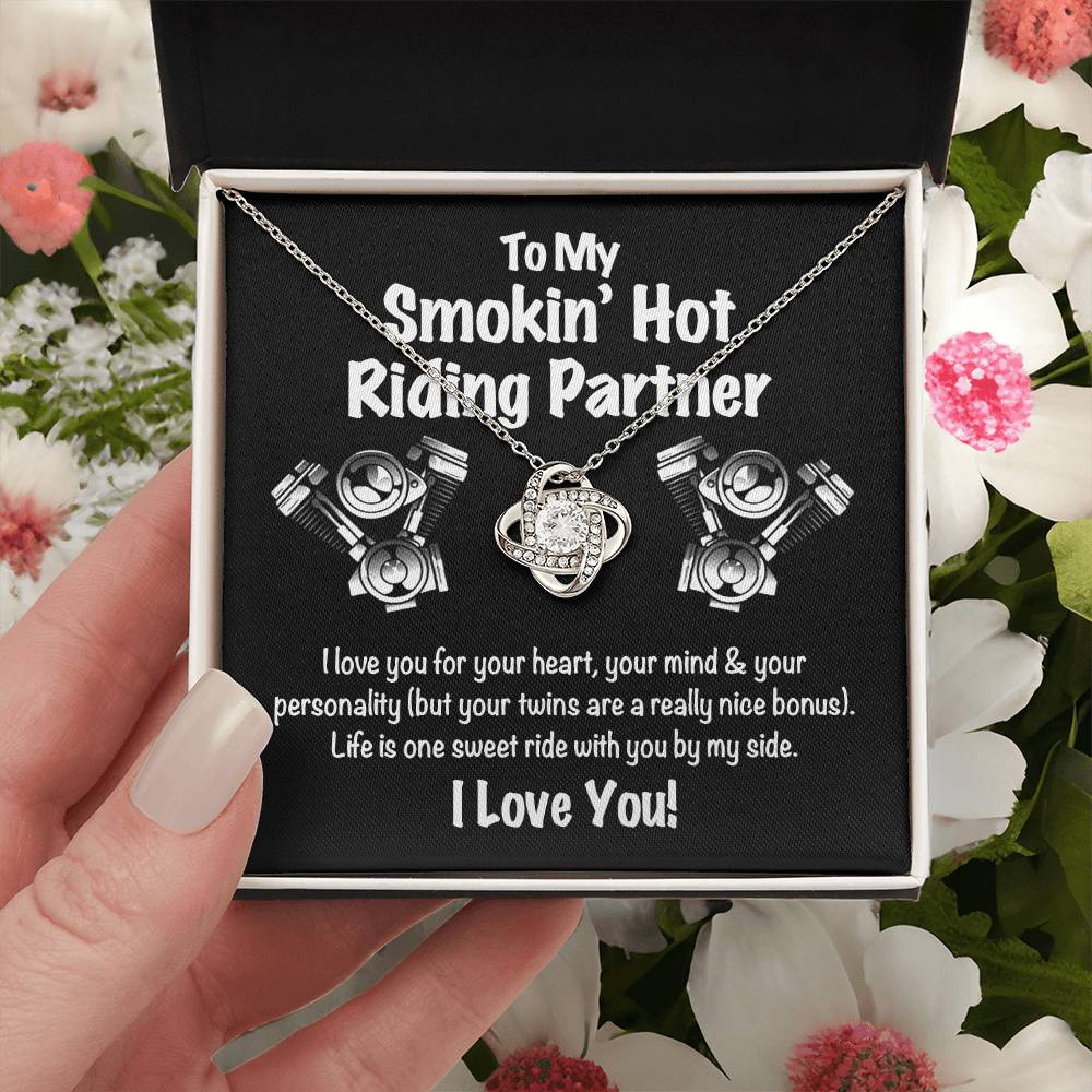To My Smokin' Hot Riding Partner for Life Love Knot Necklace, Soulmate Gift Necklace , My Girlfriend My Smokin' Hot My Riding Partner Gift, Husband to Wife Biker Gift Riding Motorcycle Gift for Her