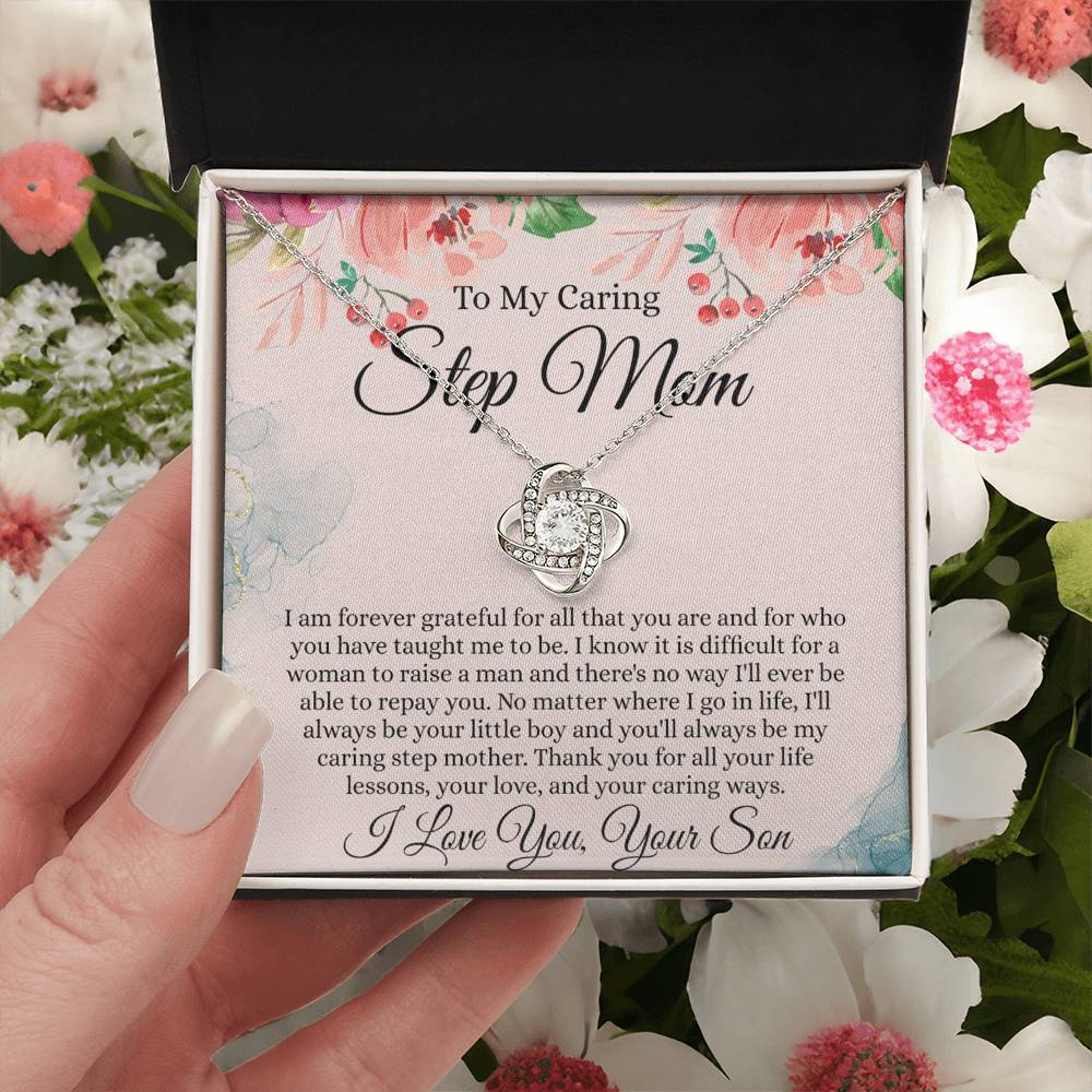 Step Mom Gift Necklace, To My Caring Step Mom Love Knot Necklace From Son, Grateful For All Necklace Gift For Step Mom, Jewelry Gift For Women, Step Mom Pendant, Birthday Gift Necklace For Step Mom Love Knot Necklace 6323
