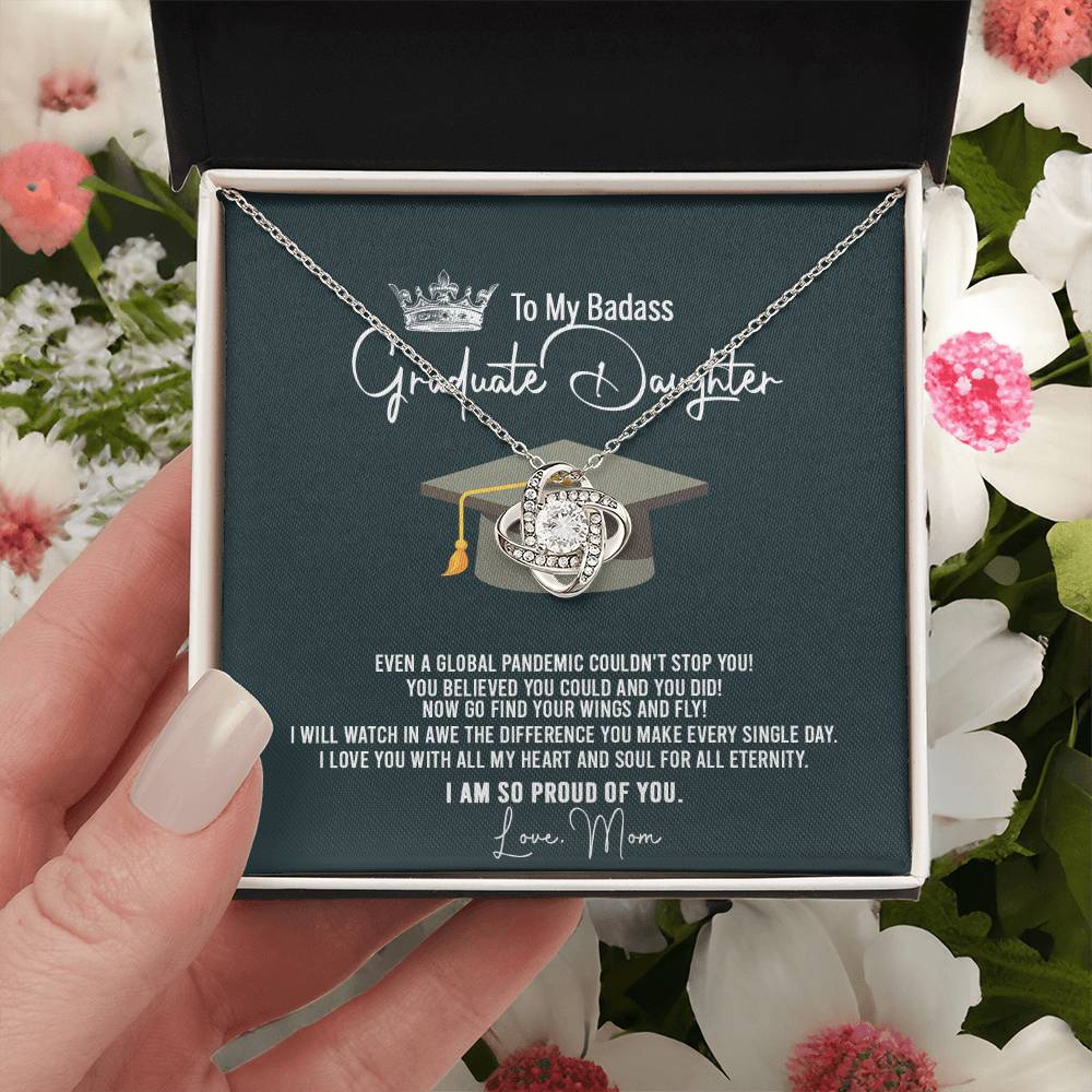 To My Badass Graduation Daughter Necklace From Mom, Graduation Gift Necklace For Her, Congratulations Necklace Congrats Graduation Love Knot Pendants Gift For Daughter, Mother And Daughter Jewelry Love Knot Necklace 6323