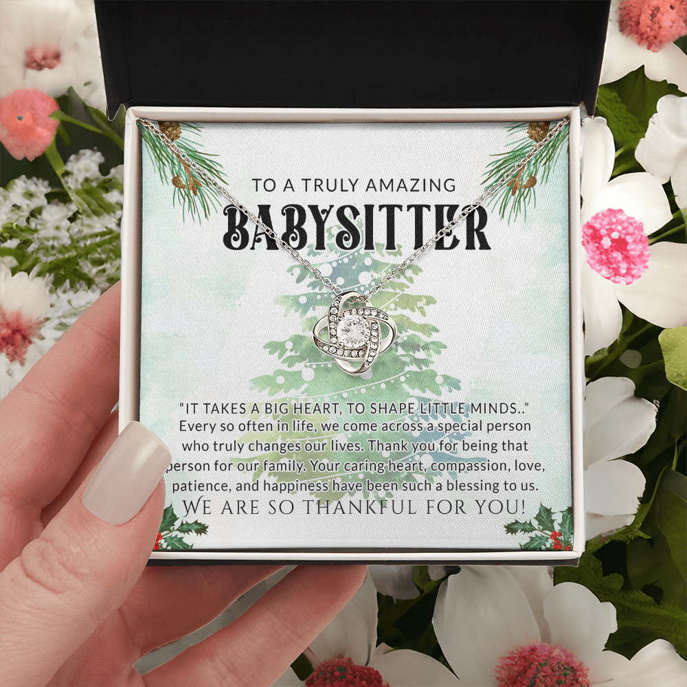Babysitter Gift Necklace, To A Truly Amazing Babysitter Love Knot Necklace From Family, Thankful For You Gift Necklace, Christmas Babysitter Gift, Appreciation Gift for Babysitter Love Knot Pendant