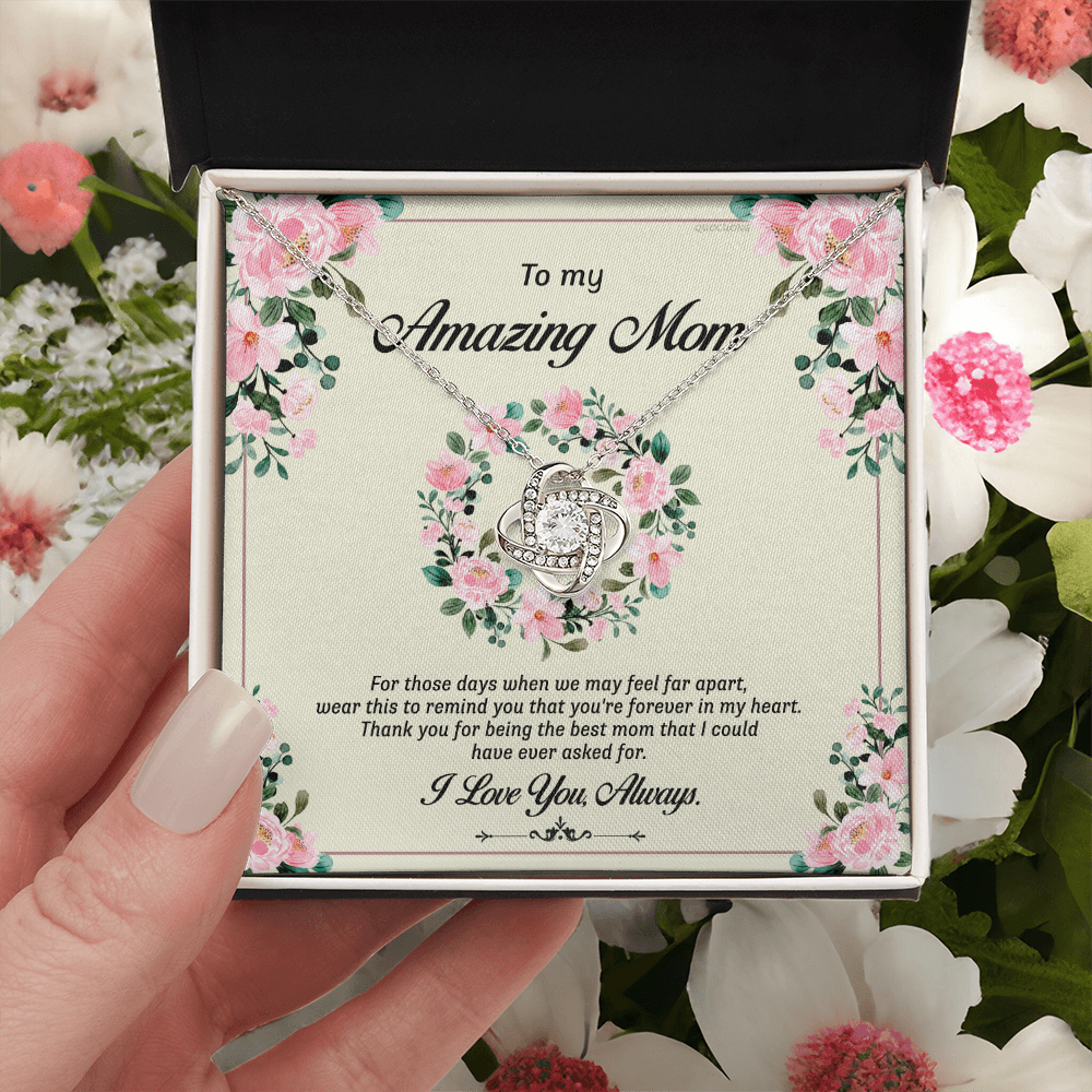 To My Amazing Mom Necklace From Daughter, Mother And Daughter Love Knot Necklace Gift On Birthday Gift Anniversary Mother's Day Necklace Jewelry Gift For Women, Thank You Mom Knot Pendant For Her