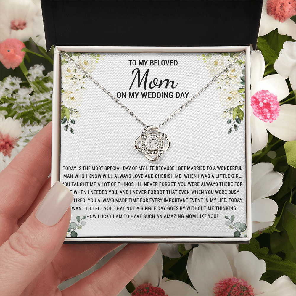 Beloved Mom Gift Necklace To My Beloved Mom Love Knot Necklace Gift From Daughter, Wedding Day Necklace Gift For Mom, Beloved Mom On My Wedding Day Necklace Gift For New Mom, Bonus Mom Gift Necklace
