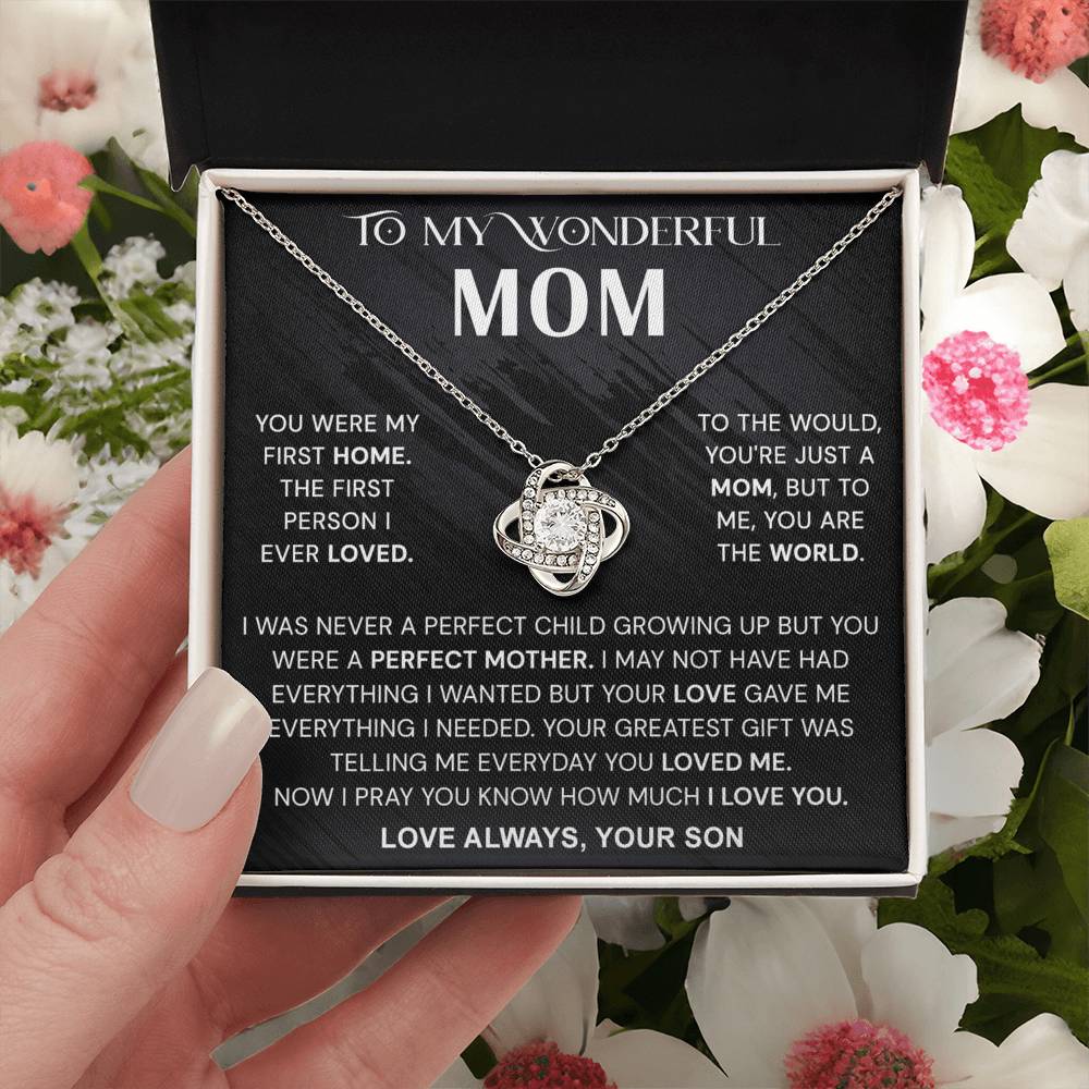 Wonderful Mom Gift Necklace, To My Wonderful Mom Love Knot Necklace From Son Never A Perfect Child Necklace Gift For Mom Son And Mother Love Knot Pendant Birthday Gift For Mom Jewelry Gift For Women