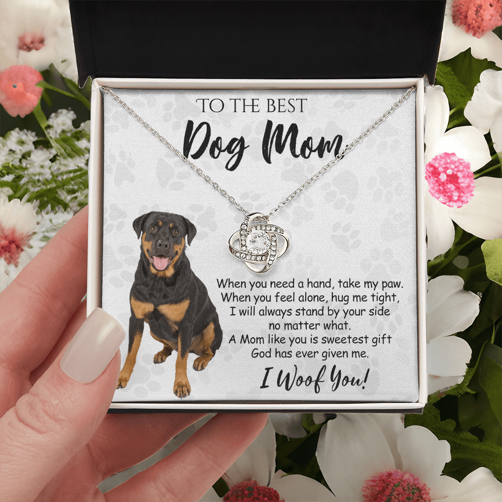 To The Best Dog Mom Love Knot Necklace From Daughter Mother's Day Necklace Gift, Rottweiler Dog Love Knot Pendant, Jewelry Gift For Women, Dog Lovers Rottweiler Dog Gift Necklace I Woof You Pendant