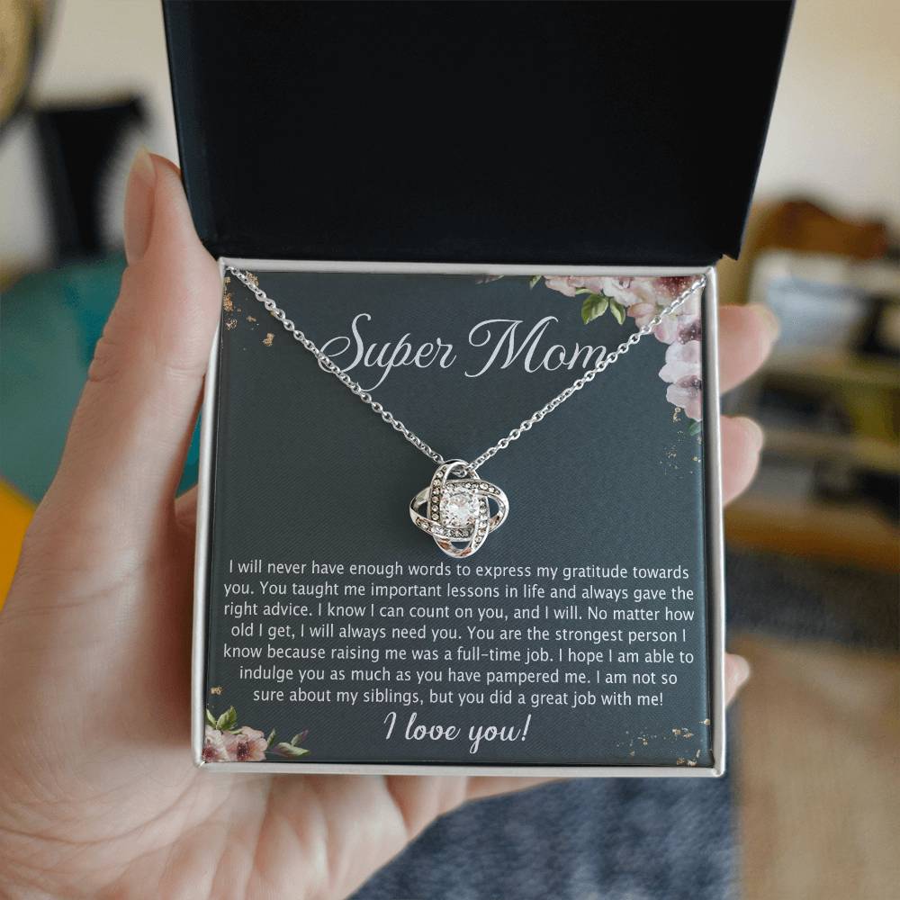 Super Mom Gift Necklace, To My Super Mom Love Knot Necklace Gift From Daughter Son Gift For Mom, Mother And Daughter Gift Necklace Personalized Gift Pendant, Love Knot Necklace Gift For Mom Pendant