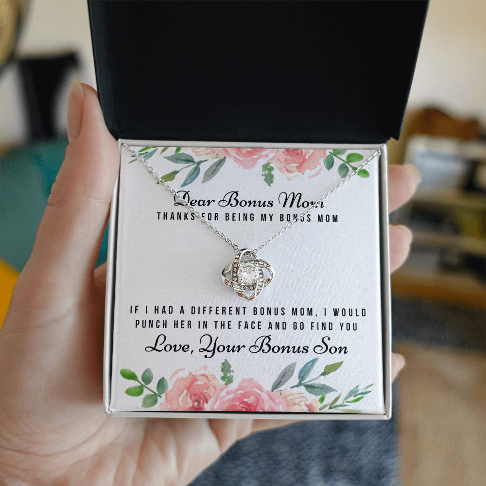 Thank For Being My Bonus Mom Necklace, To My Bonus Mom Necklace From Bonus Son, Gift Necklace For Bonus Son On Mother's Day, Anniversary, Birthday Gift, Bonus Mom And Bonus Son Love Knot Pendant