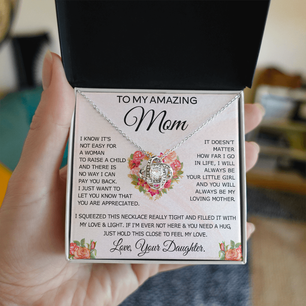 To My Amazing Mom Necklace From Daughter, Love Knot Necklace Gift For Mom, Mother Daughter Gift Necklace On Birthday Christmas Mothers Day, Jewelry Gift For Women With Message Card And Box For Her