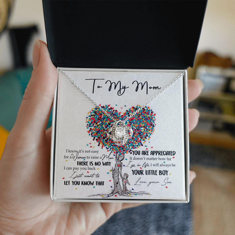 To My Mom Love Knot Necklace From Son, I Know It's Not Eeasy For A Women Necklace, Not Easy Gift Necklace For Mom, Mother And Son Gift Love Knot Pendant, Jewelry Gift For Women, Bonus Mom From Son